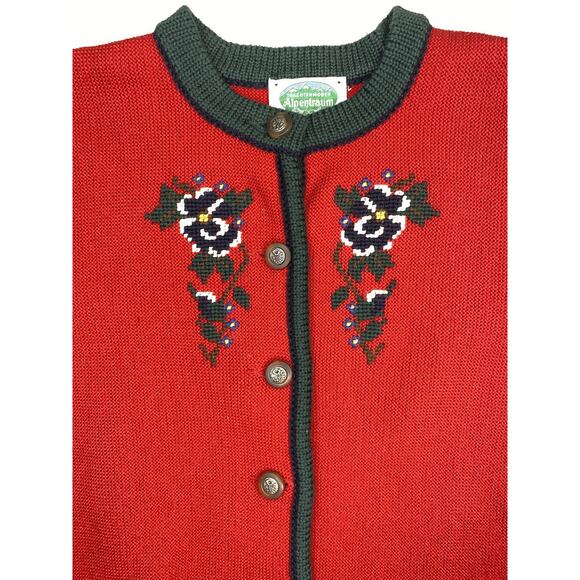 Trachtenmoden ALPENTRAUM Red Wool Cardigan Sweater Nordic 10 Vintage - Picture 2 of 5